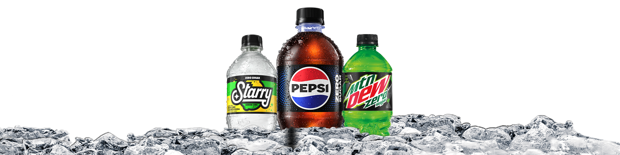 Image of Zero Sugar Brands eligible in our promotion - from Mtn Dew to Pepsi Zero Sugar and Starry. Stay cool with them on ice.